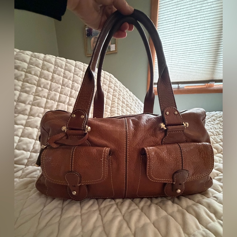🤩True Vintage 90s  Liz Claiborne brown cowhide leather satchel shoulder handbag😃